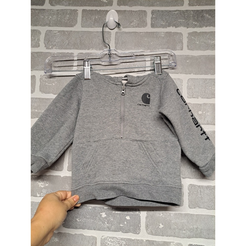 Carhartt Hoodie Toddler Gray Boys Spellout Pockets Logo 1/4 Zip‎ Sweatshirt 12M